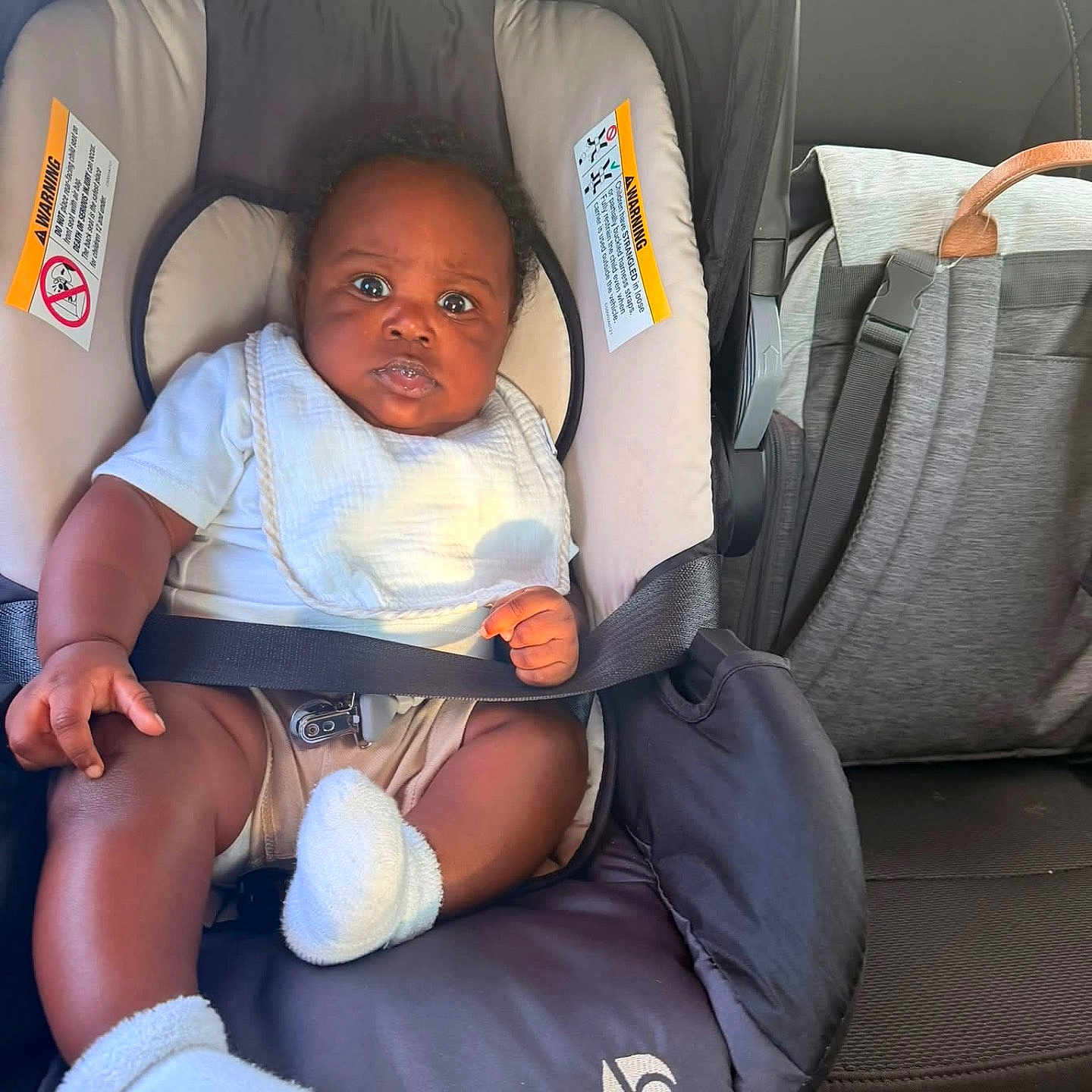 Logan joined the competition — help win amazing prizes! baby, car_seat, infant, child, white_socks, bib, car_interior, backpack, seatbelt, portrait, cute, young_child, sitting, looking_at_camera, clothing, car, person, indoor, safety, seat