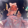 baby, car_seat, blanket, pink, headband, toy, child, infant, seatbelt, soft_toy, star_pattern, clothing, cute, indoors, person, portrait, face, hand, comfort, safety