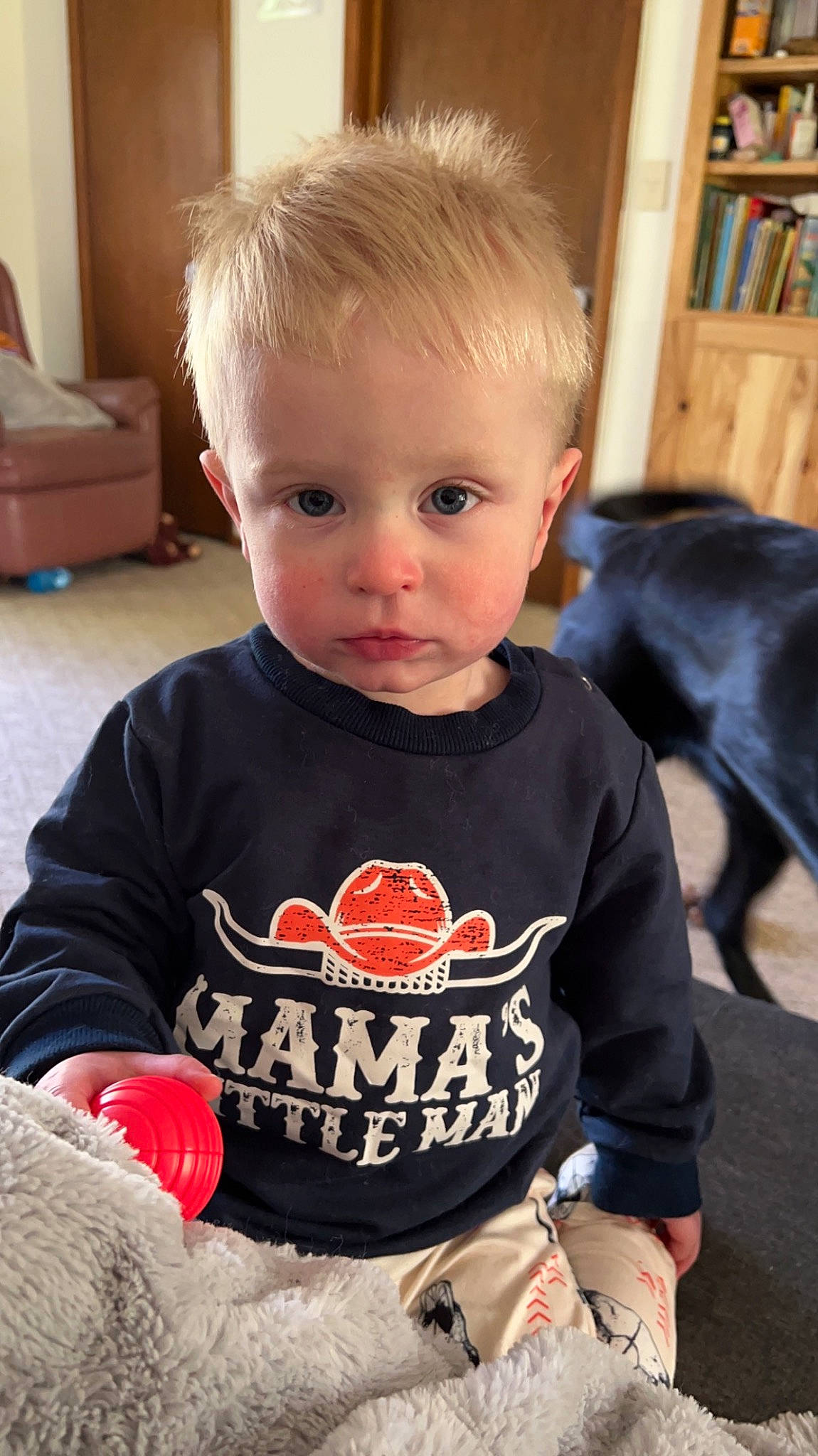 Reed is registered to the contest to win money with this photo: baby_toddler_clothing, bookcase, cheek, child, eye, face, flooring, fun, hairstyle, head, person, shelf, sitting, sleeve, smile, standing, t_shirt, toddler, top, vacation