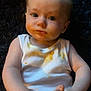 baby, child, infant, face, eyes, white_tank_top, food_stains, hands, feet, floral_pants, sitting, curious, indoors, portrait, cute, expression, skin, person, young, exploration