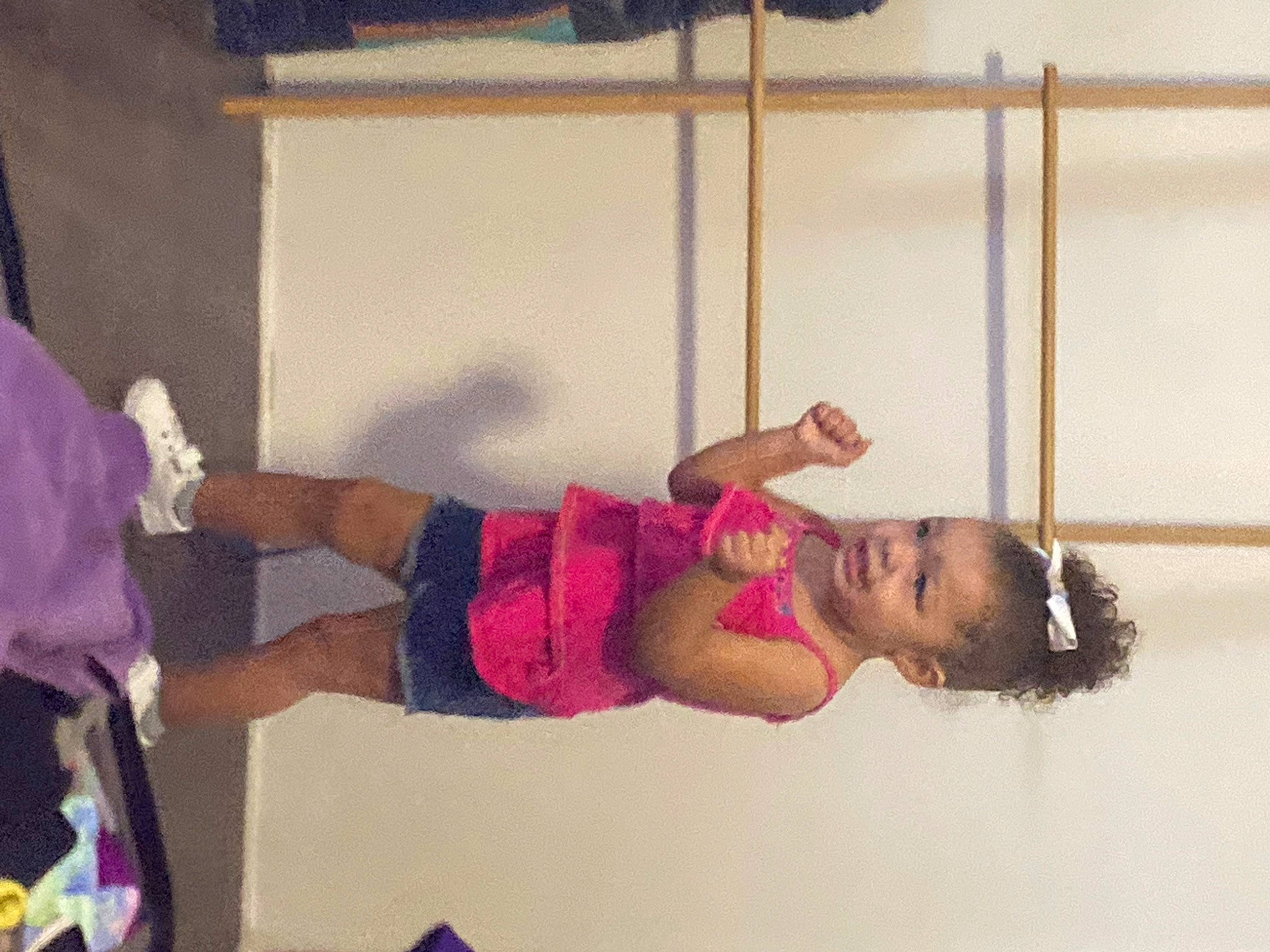 Aaliyah Lee joined the competition — help win amazing prizes! abdomen, balance, chest, child, comfort, elbow, fun, happy, human_leg, knee, leisure, magenta, person, physical_fitness, room, sock, textile, thigh, toddler, trunk