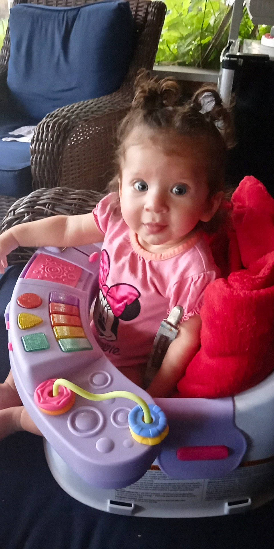 Cora is registered to the contest to win money with this photo: baby, baby_products, baby_toddler_clothing, baby_toys, car_seat, cheek, child, comfort, eyelash, fun, happy, lap, magenta, person, pink, play, purple, sitting, skin, smile