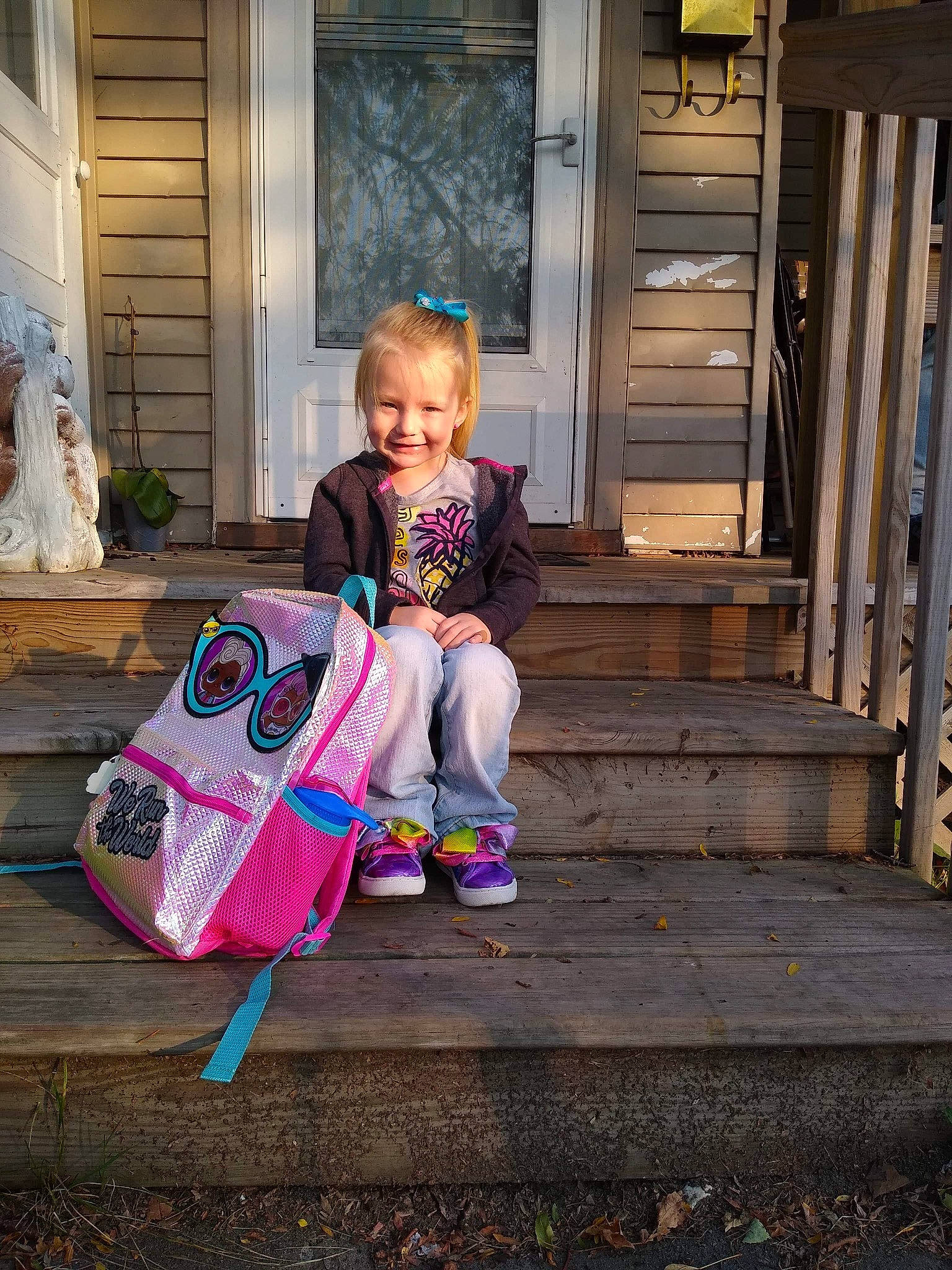 Felicity joined the competition — help win amazing prizes! baby_toddler_clothing, child, door, flooring, fun, hairstyle, happy, joy, leaf, leisure, magenta, mammal, person, purple, sidewalk, sitting, smile, standing, tints_and_shades, toddler