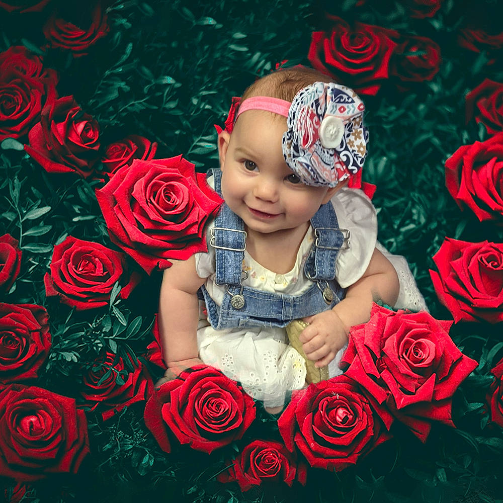 Mazikeen is registered to the contest to win money with this photo: baby, baby_toddler_clothing, botany, flash_photography, flower, font, garden_roses, happy, headwear, hybrid_tea_rose, joy, magenta, nature, people_in_nature, person, petal, photograph, pink, plant, red