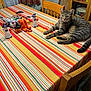 cat, tabby_cat, table, tablecloth, striped, chair, wooden_chair, dining_room, curtains, window, halloween_decorations, ghost_figurine, pumpkin, spider_web, cabinet, dishes, shelf, indoor, pet, relaxed