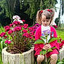 Louna a rejoint le concours — aidez-le/la à gagner de superbes lots ! child, daylight, flower, garden, girl, grass, greenery, hair_bows, nature, outdoor, peaceful, pink_flowers, plant, ponytails, portrait, purple_flower, red_clothing, sitting, stone_planter, tree