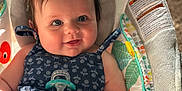 August joined the competition — help win amazing prizes! baby, infant, pacifier, blue_clothing, baby_seat, smiling, cute, chubby_cheeks, indoor, colorful, patterned_fabric, sunlight, happy, child, portrait, soft_skin, playful, comfort, grip, seat