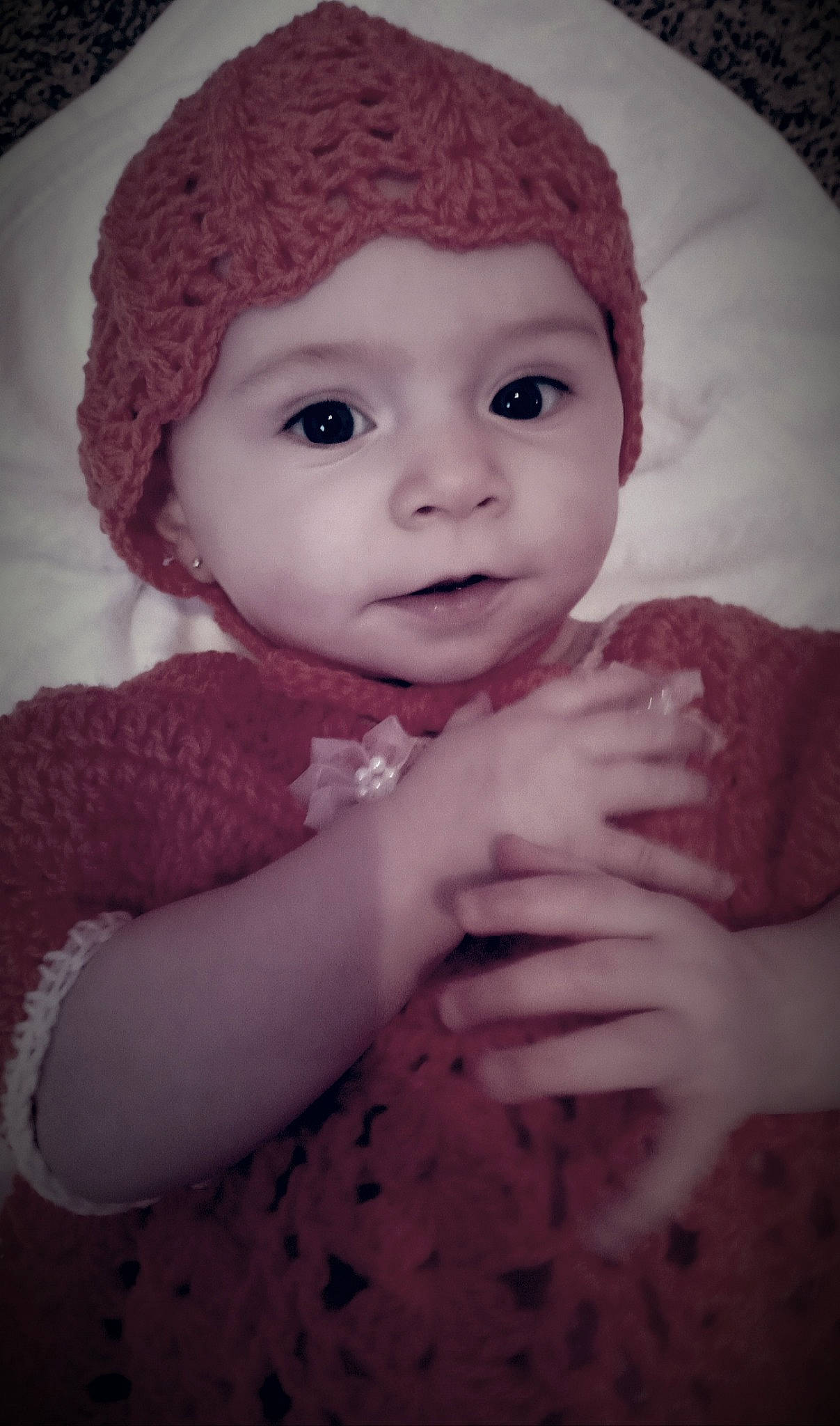 Jasmin joined the competition — help win amazing prizes! baby, baby_toddler_clothing, cap, cheek, chin, creative_arts, eye, eyebrow, face, head, headgear, headwear, iris, lip, nose, organ, person, pink, skin, sleeve