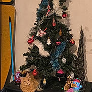 Aupale a rejoint le concours — aidez-le/la à gagner de superbes lots ! black_tablecloth, broom, cat, christmas_tree, decoration, festive, festivity, fluffy_cat, furniture, holiday, holiday_decorations, home, indoor, ironing_board, lights, orange_cat, ornaments, relaxing_cat, table, tinsel