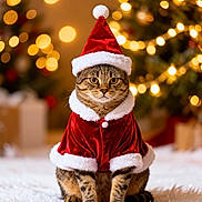 Emmy is registered to the contest to win money with this photo: cat, tabby_cat, santa_hat, christmas_outfit, holiday, festive, christmas_tree, bokeh, lights, decorations, fluffy_rug, indoor, pet, animal, cute, fur, sitting, portrait, seasonal, celebration