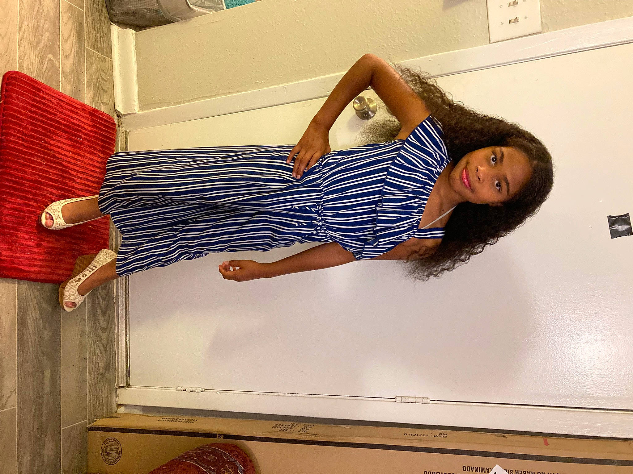 Cheyanne is registered to the contest to win money with this photo: arm, comfort, day_dress, dress, elbow, electric_blue, fashion_design, fashion_model, human_leg, joint, joy, knee, leg, one_piece_garment, pattern, person, rectangle, shoulder, sleeve, thigh