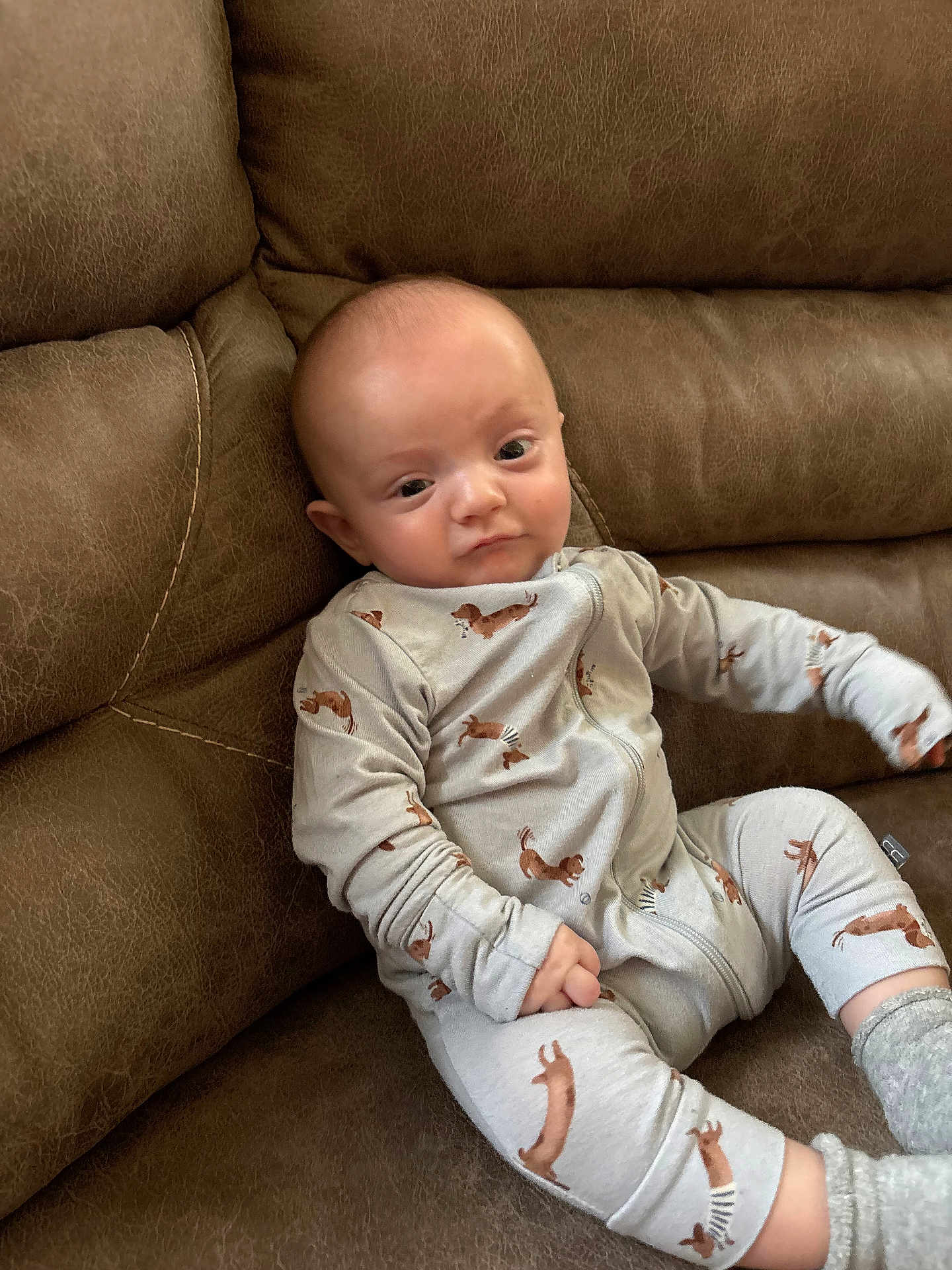 Hudson joined the competition — help win amazing prizes! baby, infant, pajamas, dog_pattern, couch, leather, brown, sitting, indoor, child, person, cute, expression, cozy, comfortable, clothing, footwear, socks, portrait, relaxed