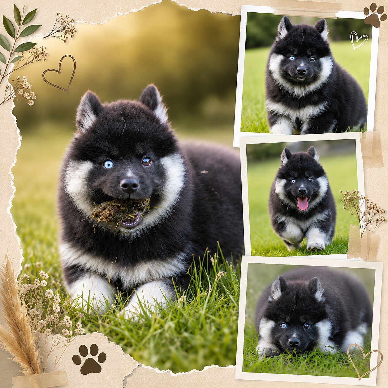 Loki participe au concours pour gagner de l'argent avec cette photo : puppy, dog, grass, outdoor, black_and_white, heterochromia, cute, playful, collage, scrapbook, flower, paw_print, heart_doodle, nature, animal, pet, fluffy, smiling, running, lying_down
