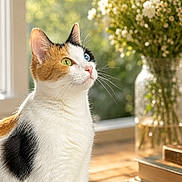 Mochi is registered to the contest to win money with this photo: cat, calico_cat, heterochromia, green_eye, blue_eye, whiskers, fur, window, sunlight, wooden_table, vase, flowers, indoor, pet, animal, closeup, portrait, nature, cozy, serene