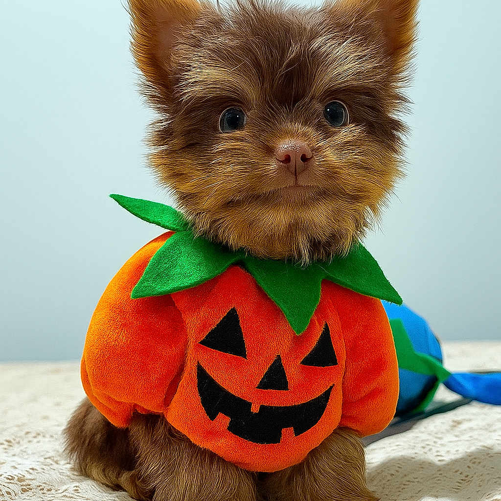 Coco is registered to the contest to win money with this photo: adorable, animal, bedspread, black, costume, cute, dog, festive, fluffy, green, halloween, holiday, indoor, orange, pet, portrait, pumpkin, puppy, sitting, small