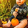 Bodhi is registered to the contest to win money with this photo: baby, child, pumpkin, autumn, fall_leaves, overalls, plaid_shirt, outdoor, nature, seasonal, cute, sitting, barefoot, greenery, garden, portrait, young_child, fall, harvest, curious