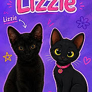 Lizzie participe au concours pour gagner de l'argent avec cette photo : black_cat, kitten, cartoon_cat, purple_background, stars, hearts, pink_collar, collar_tag, cute, pets, animal, illustration, real_and_cartoon, sitting, eyes, ears, whiskers, adorable, face, portrait
