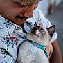 Charlotte is registered to the contest to win money with this photo: person, cat, siamese_cat, pet, floral_shirt, close_up, affection, love, animal, human, face, whiskers, collar, blue_eyes, mustache, freckles, outdoor, portrait, holding, cute