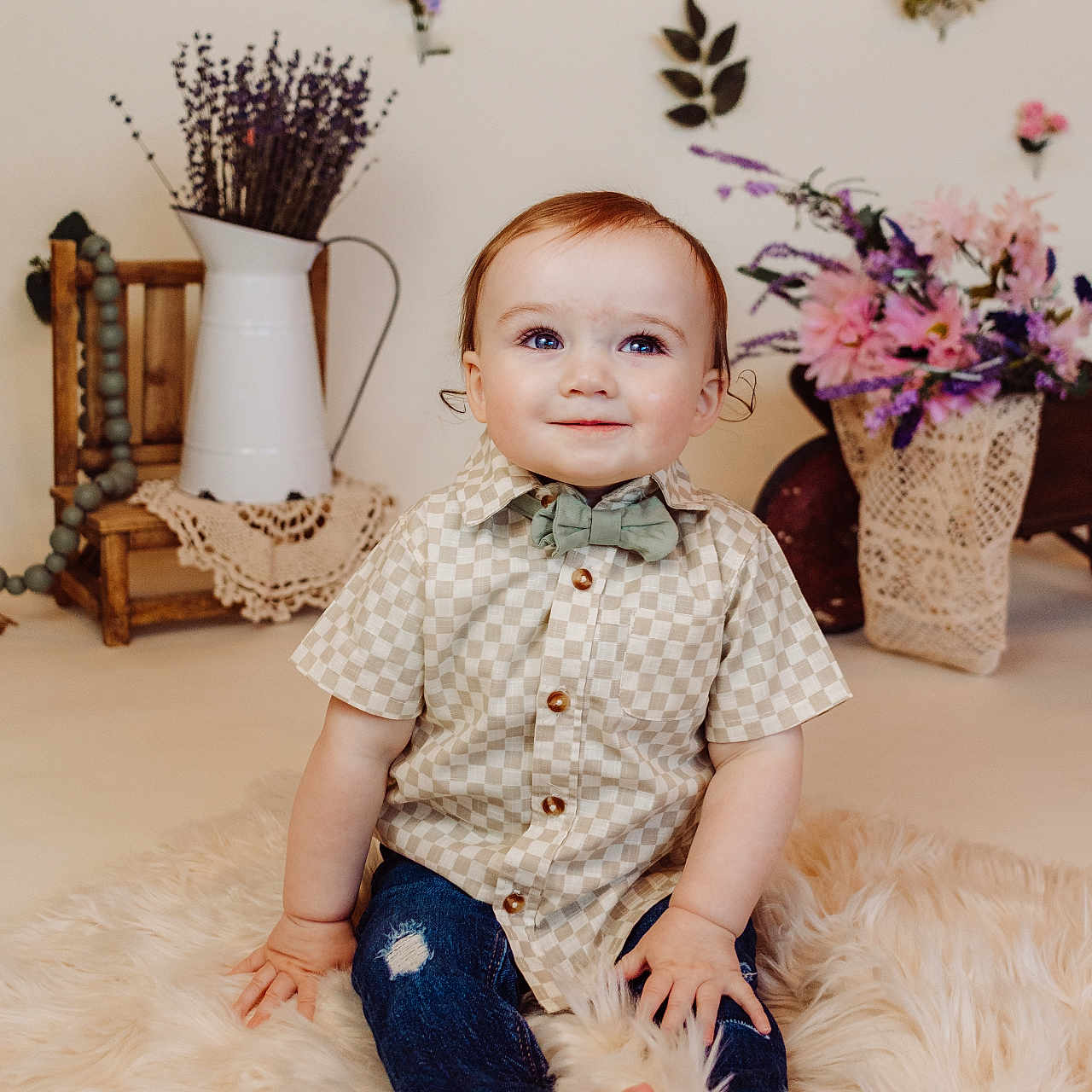 Angello joined the competition — help win amazing prizes! baby, barefoot, bow_tie, boy, checkered_shirt, child, cute, decor, flower_vase, fluffy_rug, indoor, jeans, pink_flowers, portrait, purple_flowers, sitting, smiling, toddler, vintage_style, wooden_chair