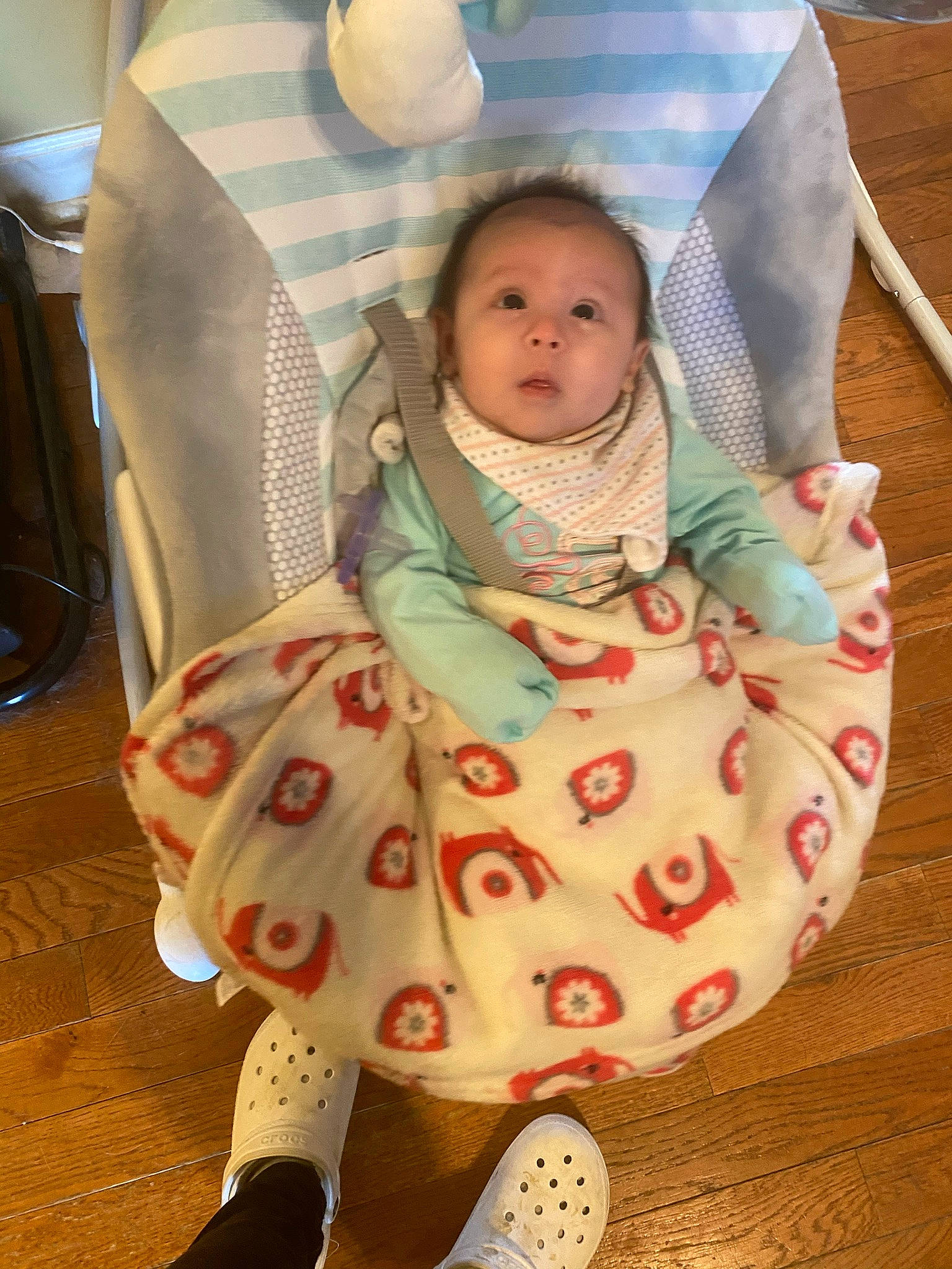 Rebekah joined the competition — help win amazing prizes! baby, baby_carriage, baby_products, baby_toddler_clothing, cheek, child, comfort, dress, flooring, fun, hand, happy, head, human_body, pattern, person, sitting, skin, surprise, toddler