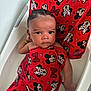 baby, bathtub, towel, red, mickey_mouse, minnie_mouse, infant, child, water, bath, cartoon, pattern, face, skin, cute, expression, indoors, relaxing, person, clothing