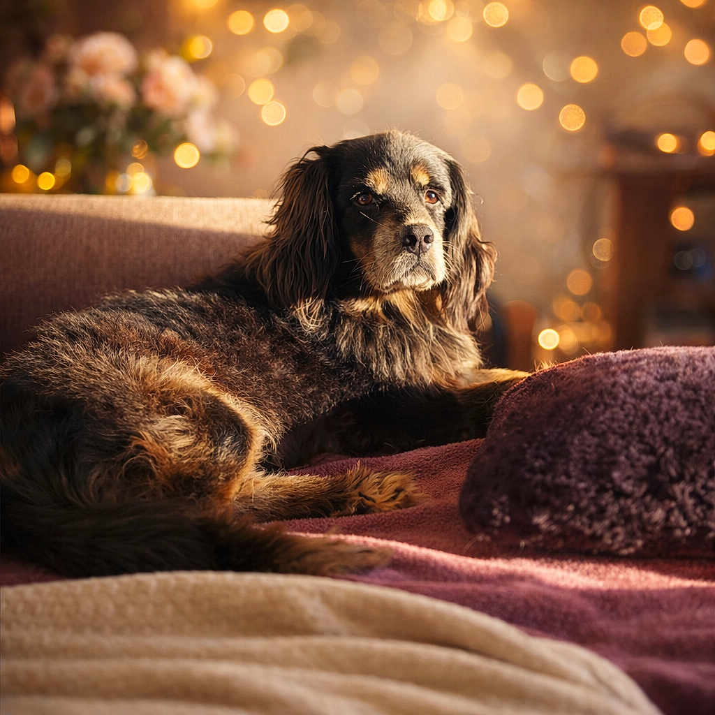 Ozzy is registered to the contest to win money with this photo: dog, pet, couch, bokeh, lights, cozy, fur, portrait, indoor, blanket, pillow, relaxed, home, domestic_animal, animal, brown_fur, long_haired, gaze, side_lighting, festive_decor