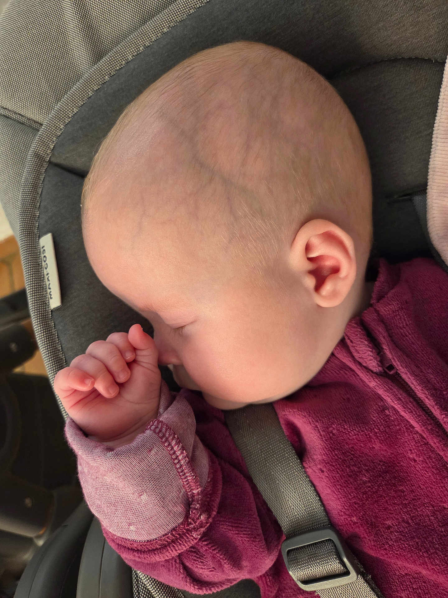 Louna a rejoint le concours — aidez-le/la à gagner de superbes lots ! baby, sleeping, car_seat, child, infant, face, hand, clothing, fabric, seatbelt, head, skin, ear, fingers, closeup, indoor, soft_light, peaceful, rest, young