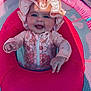 Oaklynn joined the competition — help win amazing prizes! baby, smile, hat, floral_pattern, pink, inflatable_float, play_area, sunlight, shadow, child, outdoor, cute, happy, infant, clothing, person, face, baby_toys, zipped_jumpsuit, summer