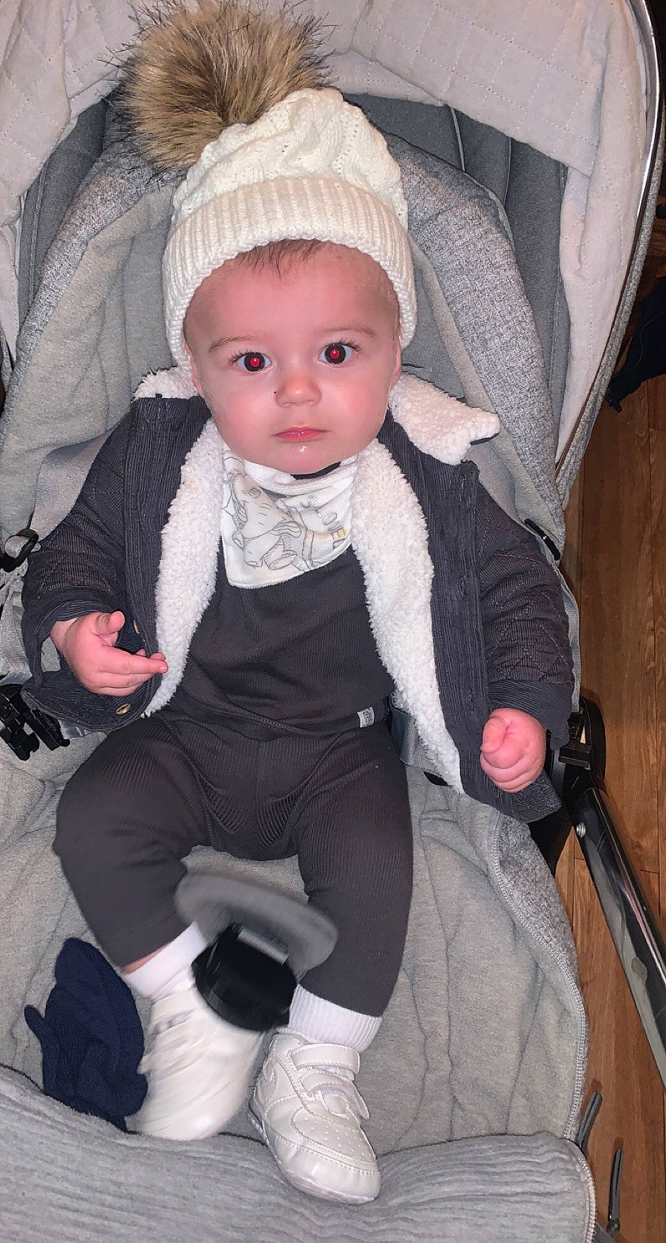 Cole is registered to the contest to win money with this photo: baby, baby_carriage, baby_products, baby_safety, baby_toddler_clothing, cap, car_seat, cheek, child, comfort, fashion_accessory, fun, fur, headgear, person, pink, sitting, skin, sleeve, sock