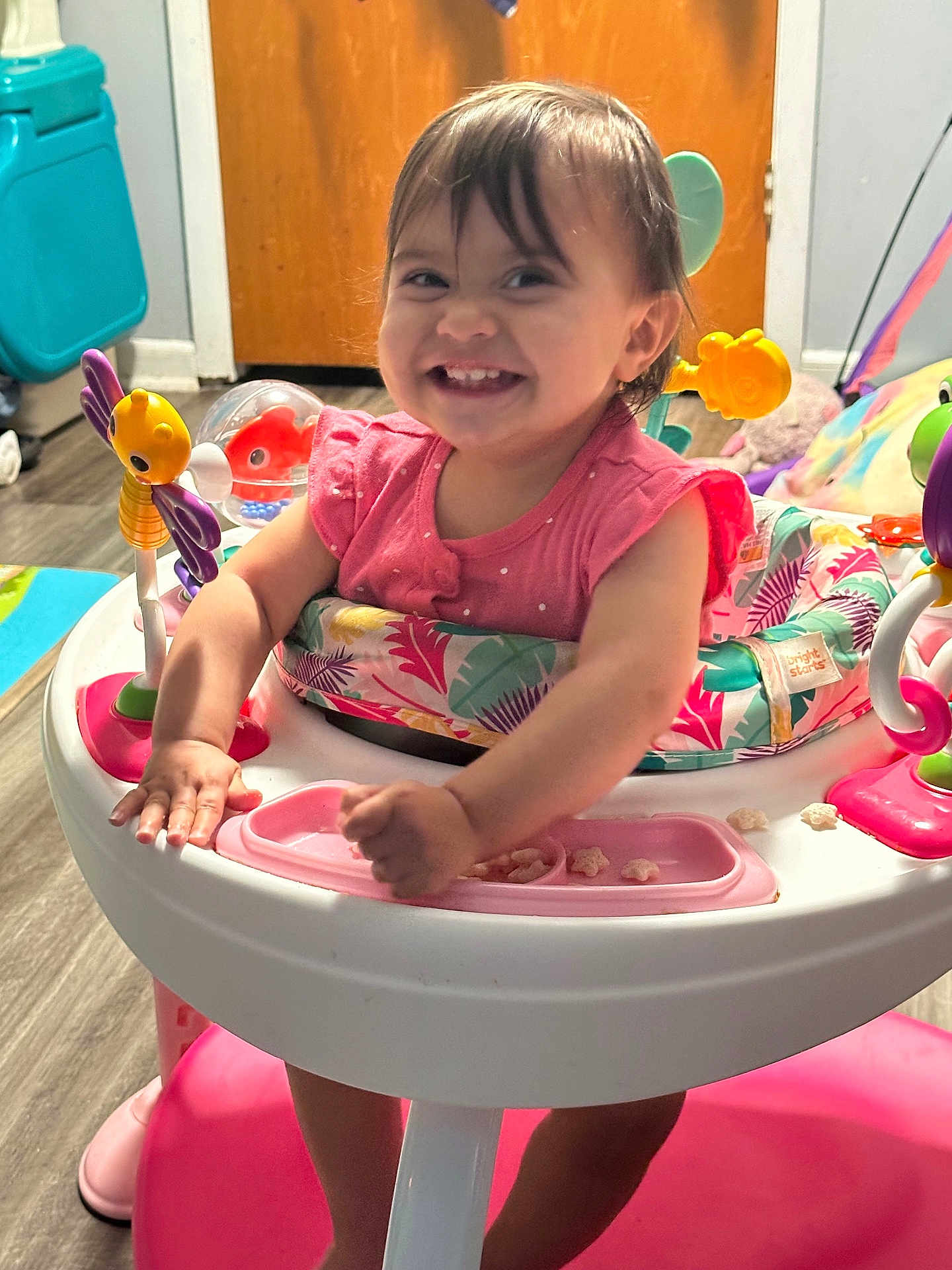 Savannah is registered to the contest to win money with this photo: toddler, child, smiling, pink_clothing, walker, toy, indoor, flooring, door, happy, playful, baby, furniture, face, person, home, cute, colorful, young_child, expression