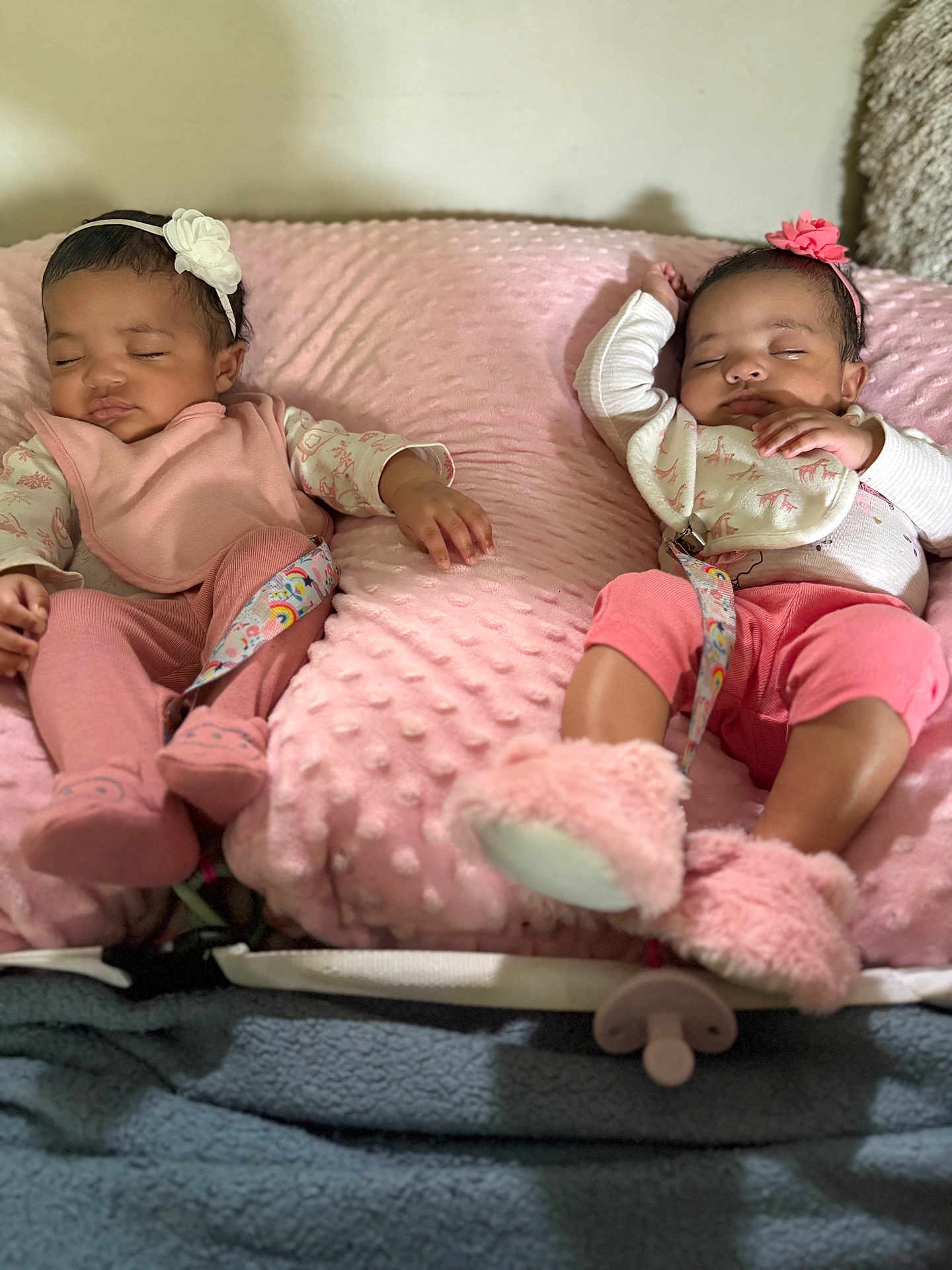 Sunnie And Summer is registered to the contest to win money with this photo: baby, sleeping, pink, cushion, headband, slippers, infant, cozy, blanket, cute, toddler, indoors, peaceful, soft, clothing, rest, two_children, lying_down, comfort, nap