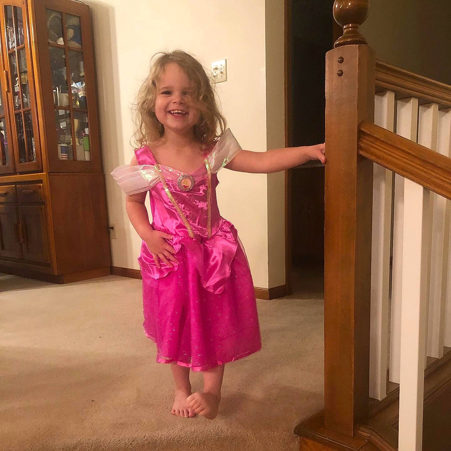 Kensley joined the competition — help win amazing prizes! child, clothing, costume, dress, joy, magenta, pattern, person, pink, shoulder, standing, textile, toddler, waist
