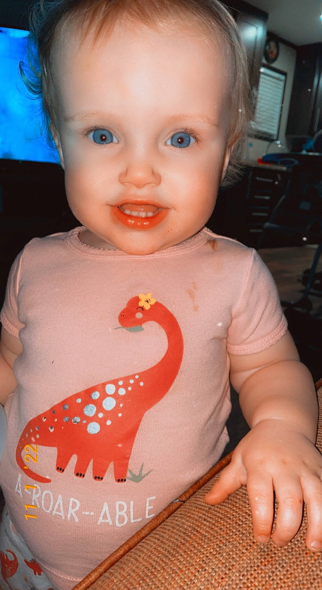 Brynlee is registered to the contest to win money with this photo: baby_toddler_clothing, cheek, cool, eye, finger, hand, human_body, iris, joint, lip, mouth, nail, nose, organ, person, pink, skin, sleeve, smile, television