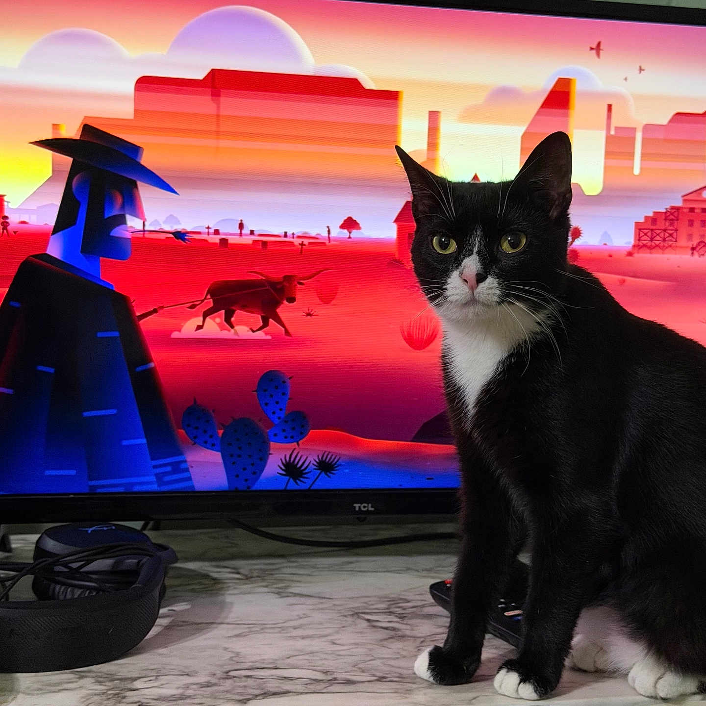 Binx is registered to the contest to win money with this photo: animal, animated_background, black_and_white, bull, cactus, cat, cowboy, curious, desert_scene, electronics, headphones, indoor, marble_surface, pet, screen, sitting, table, television, tuxedo_cat, vibrant_colors
