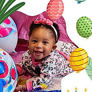 Tavia is registered to the contest to win money with this photo: baby, child, smiling, portrait, birthday, party, balloons, headband, bow, infant, sitting, indoors, colorful, celebration, festive, clothing, patterned_outfit, happy, face, photography