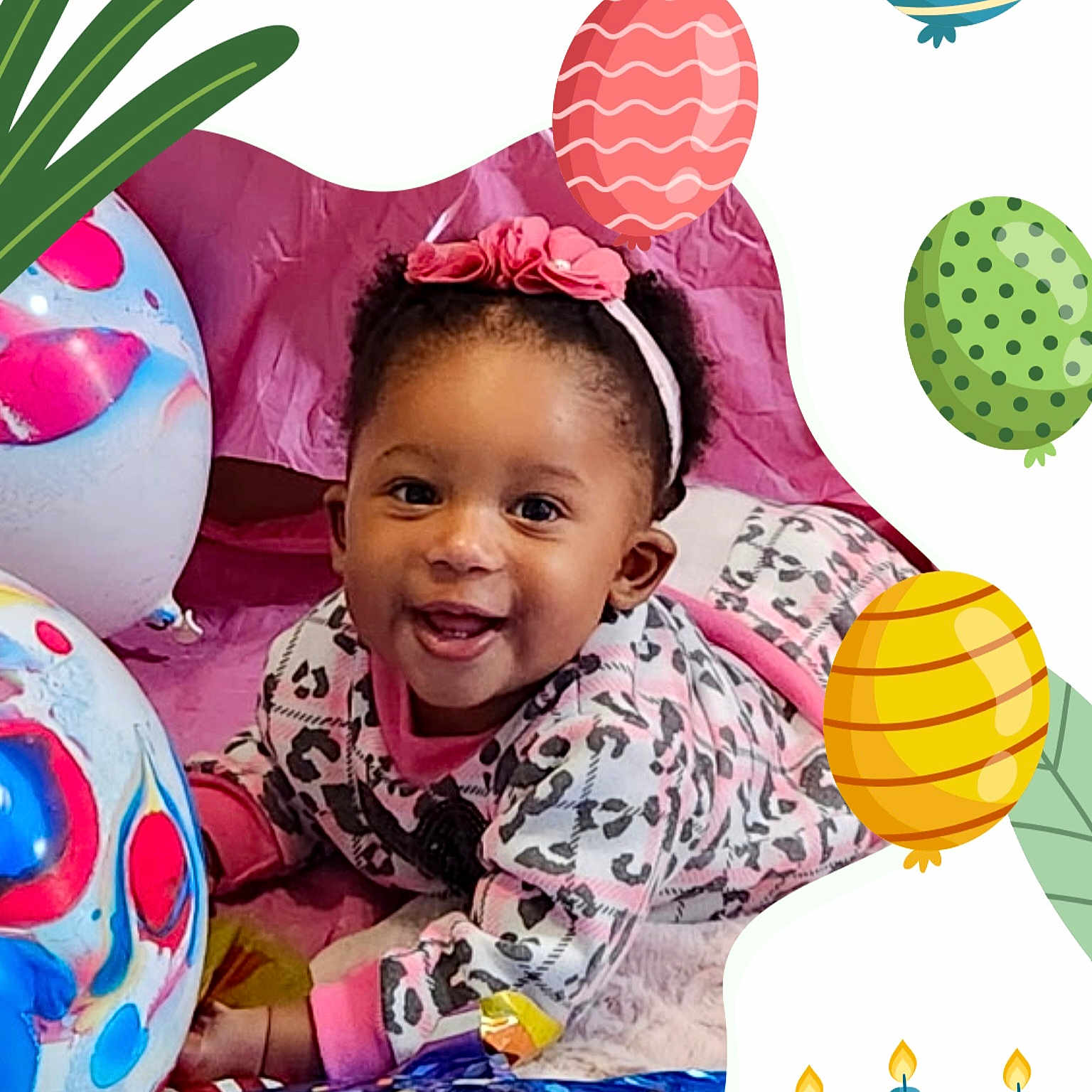 Tavia is registered to the contest to win money with this photo: baby, child, smiling, portrait, birthday, party, balloons, headband, bow, infant, sitting, indoors, colorful, celebration, festive, clothing, patterned_outfit, happy, face, photography