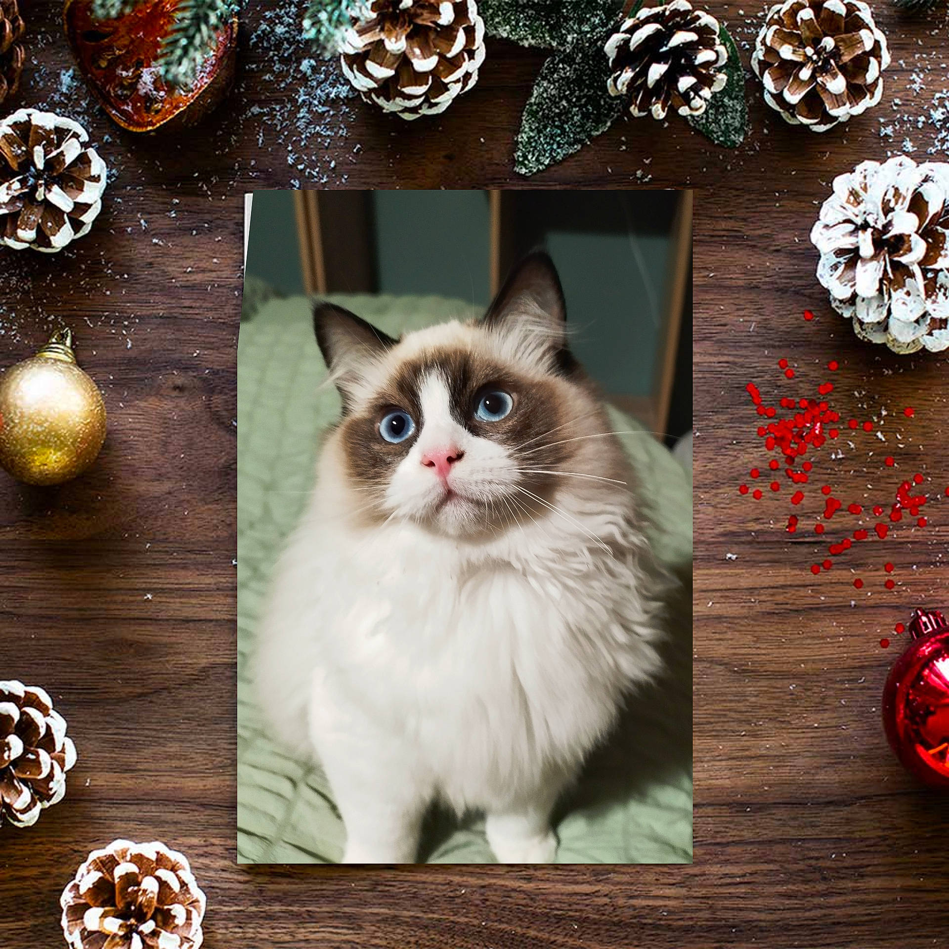 Uriel a rejoint le concours — aidez-le/la à gagner de superbes lots ! art, carnivore, cat, christmas_decoration, christmas_ornament, fashion_accessory, felidae, font, fur, graphics, ornament, paw, photo_caption, rectangle, small_to_medium_sized_cats, snout, still_life_photography, tail, whiskers, white