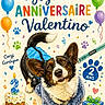 corgi, cardigan, dog, birthday, cake, balloons, gift, confetti, leash, collar, illustration, colorful, paw_prints, party, celebration, festive, text_overlay, blue, orange, green
