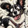 cartoon, dog, illustration, drawing, happy, playful, ears, tongue, collar, sketch, doodle, stars, hearts, fur, animal, artwork, expression, black_and_white, tongue_out, cute