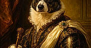 Valentino participe au concours pour gagner de l'argent avec cette photo : dog, portrait, royal_clothing, scepter, brooch, canine, costume, regal, fancy, historical_style, painting_style, luxury, brown, gold, fabric, lace, animal, fur, indoor, decoration