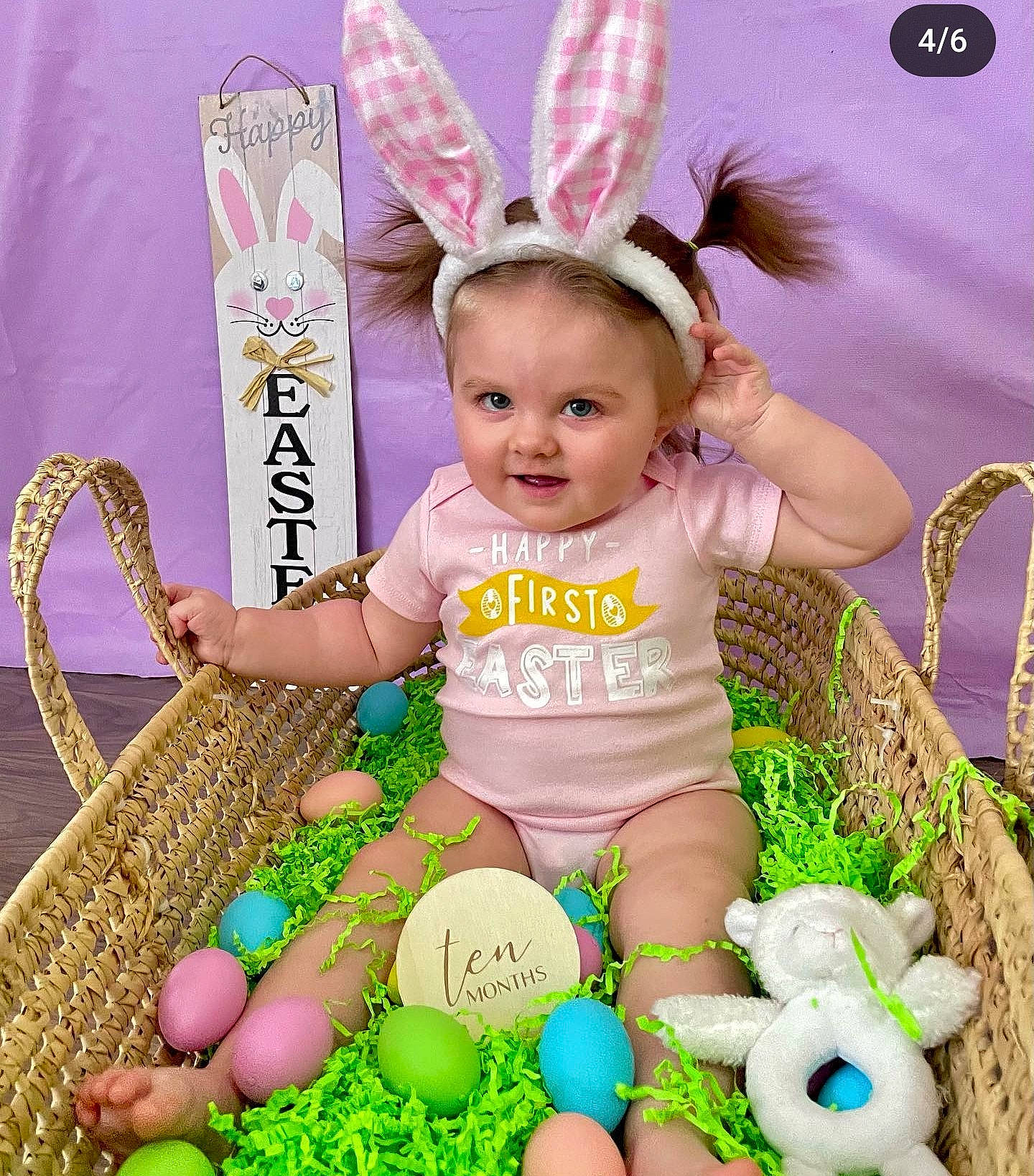 Kiley joined the competition — help win amazing prizes! baby, baby_toddler_clothing, child, easter, event, fashion_accessory, fun, grass, happy, holiday, joy, magenta, party_supply, person, photograph, pink, sitting, smile, snapshot, sweetness