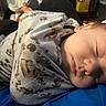 Dean is registered to the contest to win money with this photo: baby, sleeping, infant, child, portrait, blanket, swaddled, cozy, indoors, bed, blue_bedding, patterned_fabric, peaceful, resting, closed_eyes, face, head, warm_lighting, home, newborn