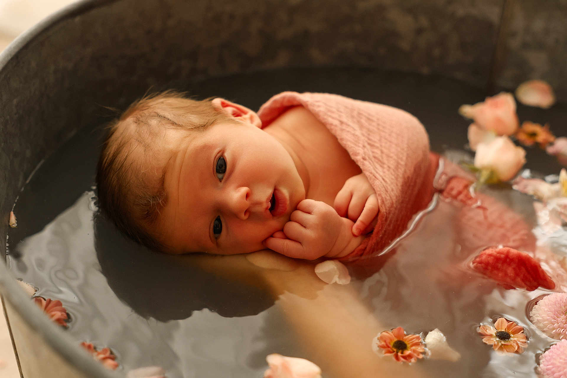 Maëva participe au concours pour gagner de l'argent avec cette photo : baby, newborn, infant, wrapped, pink_cloth, metal_tub, water, floating_flowers, flower_petals, peaceful, portrait, closeup, skin, hands, head, young_child, soft_lighting, indoors, serene, gentle