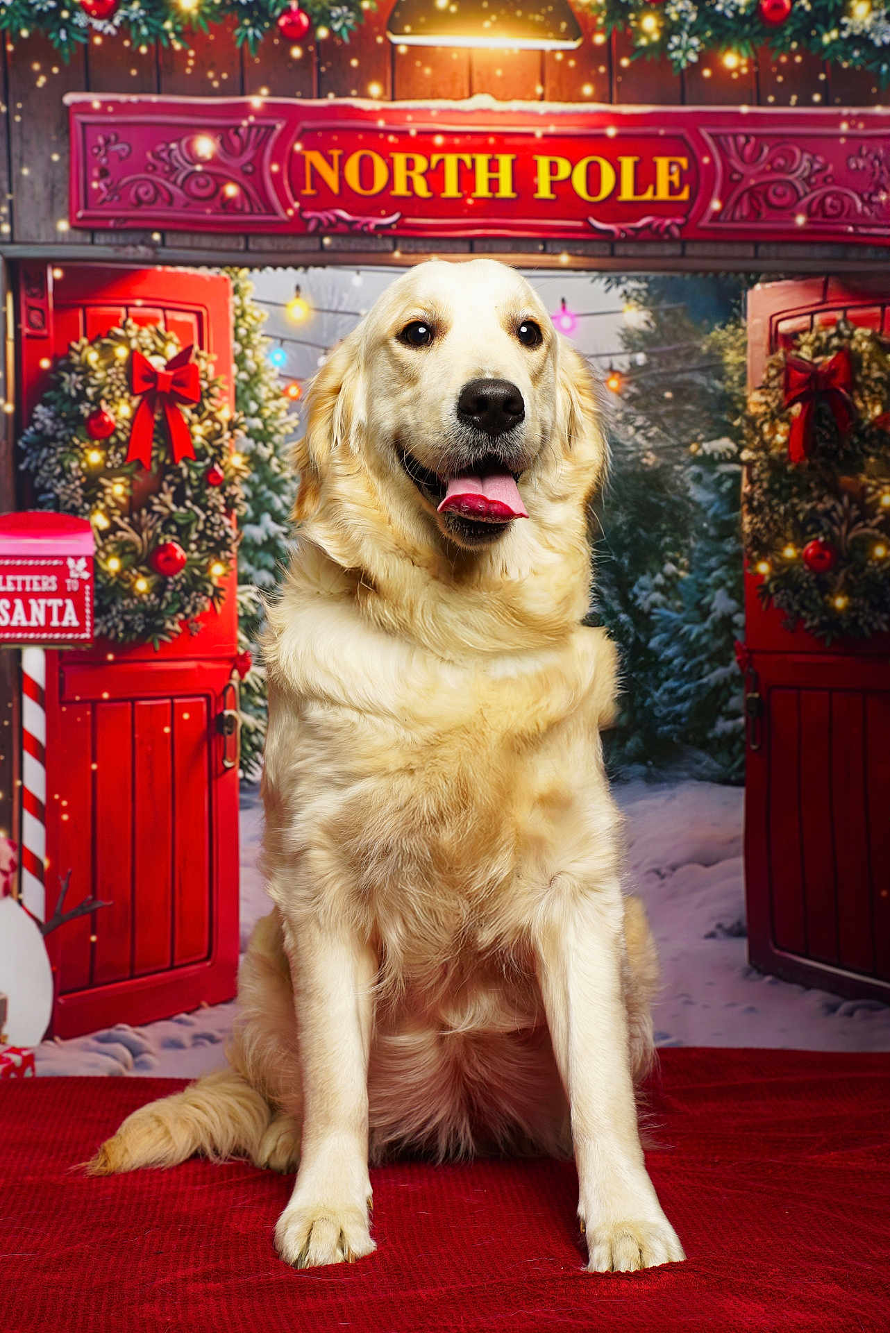 Kira a rejoint le concours — aidez-le/la à gagner de superbes lots ! golden_retriever, dog, christmas, holiday, festive, north_pole, wreath, lights, snow, red_carpet, tongue_out, smiling, decorations, mailbox, winter, tree, door, background, celebration, animal