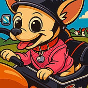 Minnie Pearl joined the competition — help win amazing prizes! cartoon, dog, helmet, motorcycle, riding, red_sweater, smiling, tongue_out, outdoor, clouds, green_fields, houses, blue_sky, handlebars, collar, tag, vehicle, happy, cute, illustration