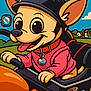 cartoon, dog, helmet, motorcycle, riding, red_sweater, smiling, tongue_out, outdoor, clouds, green_fields, houses, blue_sky, handlebars, collar, tag, vehicle, happy, cute, illustration