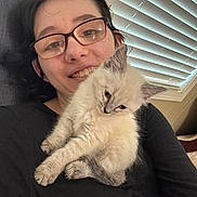 Zoey is registered to the contest to win money with this photo: person, glasses, smile, kitten, cat, indoor, window_blinds, black_shirt, fur, pet, cute, young_adult, face, hair, cozy, holding, resting, light, comfort, feline