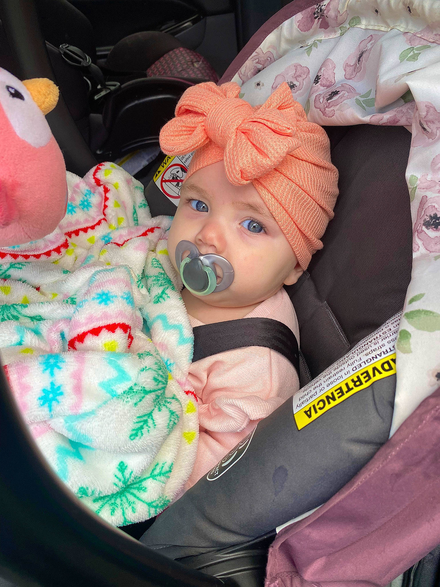 Purpose is registered to the contest to win money with this photo: auto_part, baby, baby_carriage, baby_products, baby_toddler_clothing, baby_toys, car_seat, carmine, child, comfort, doll, event, hat, headwear, lap, person, pink, plush, sitting, stuffed_toy