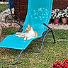 animal, cat, daylight, flower_pot, flowers, garden, grass, greenery, lawn_chair, nature, orange_cat, outdoor, pet, plant, relaxed, resting, summer, sunbathing, white_cat, wooden_wall