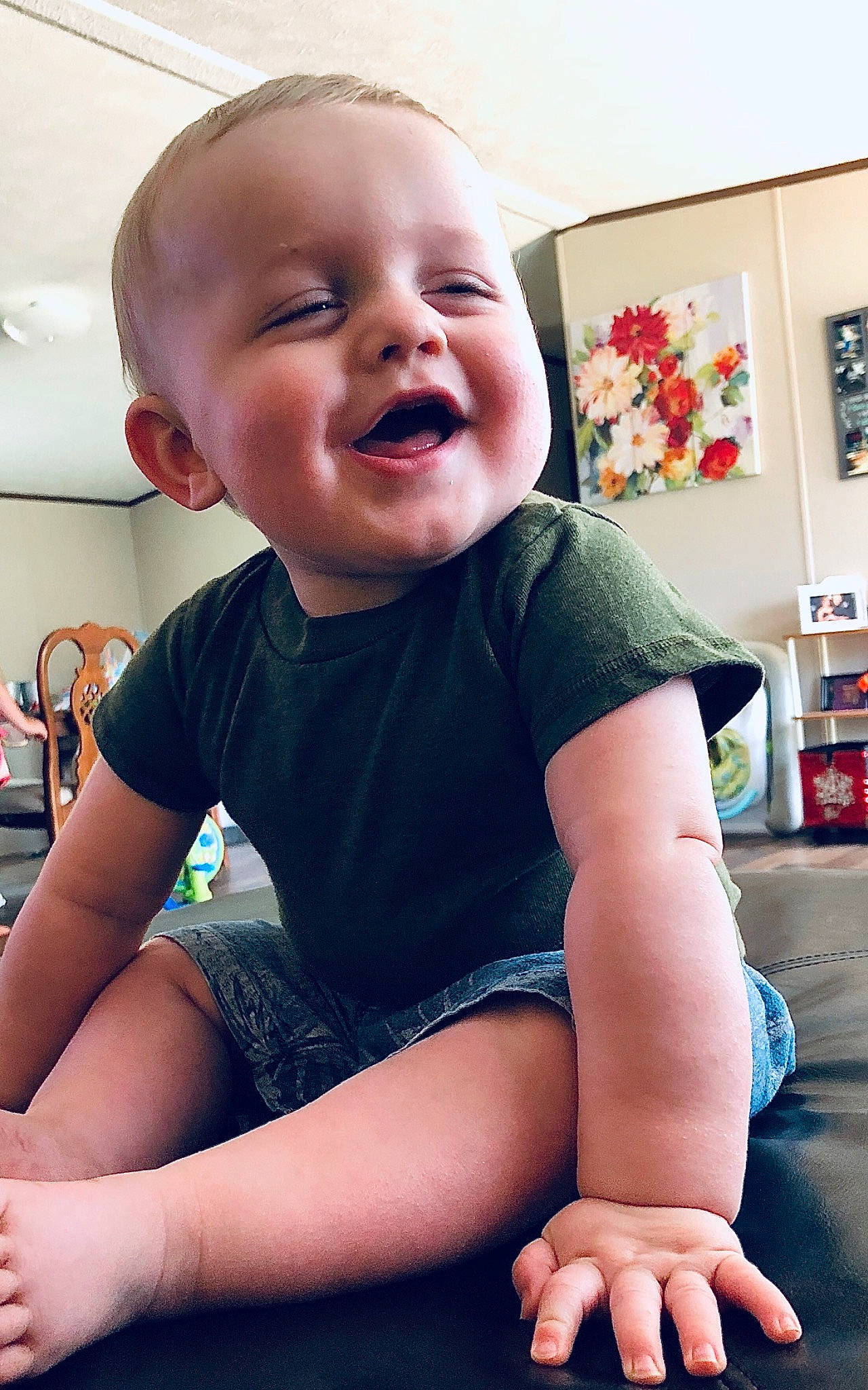 Jack joined the competition — help win amazing prizes! arm, baby, baby_toddler_clothing, cheek, child, face, facial_expression, hand, head, laugh, leg, person, sitting, skin, smile, t_shirt, toddler